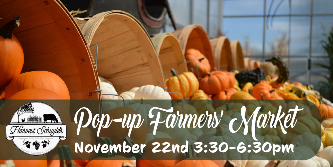 Pop-up Farmers' Market over pumpkins in baskets